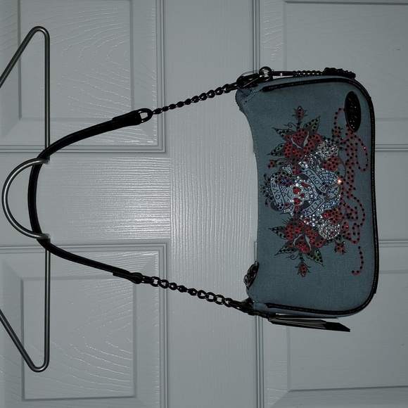 NWT Ed Hardy Denim Rhinestone Skull Crossbody Bag - Picture 14 of 14